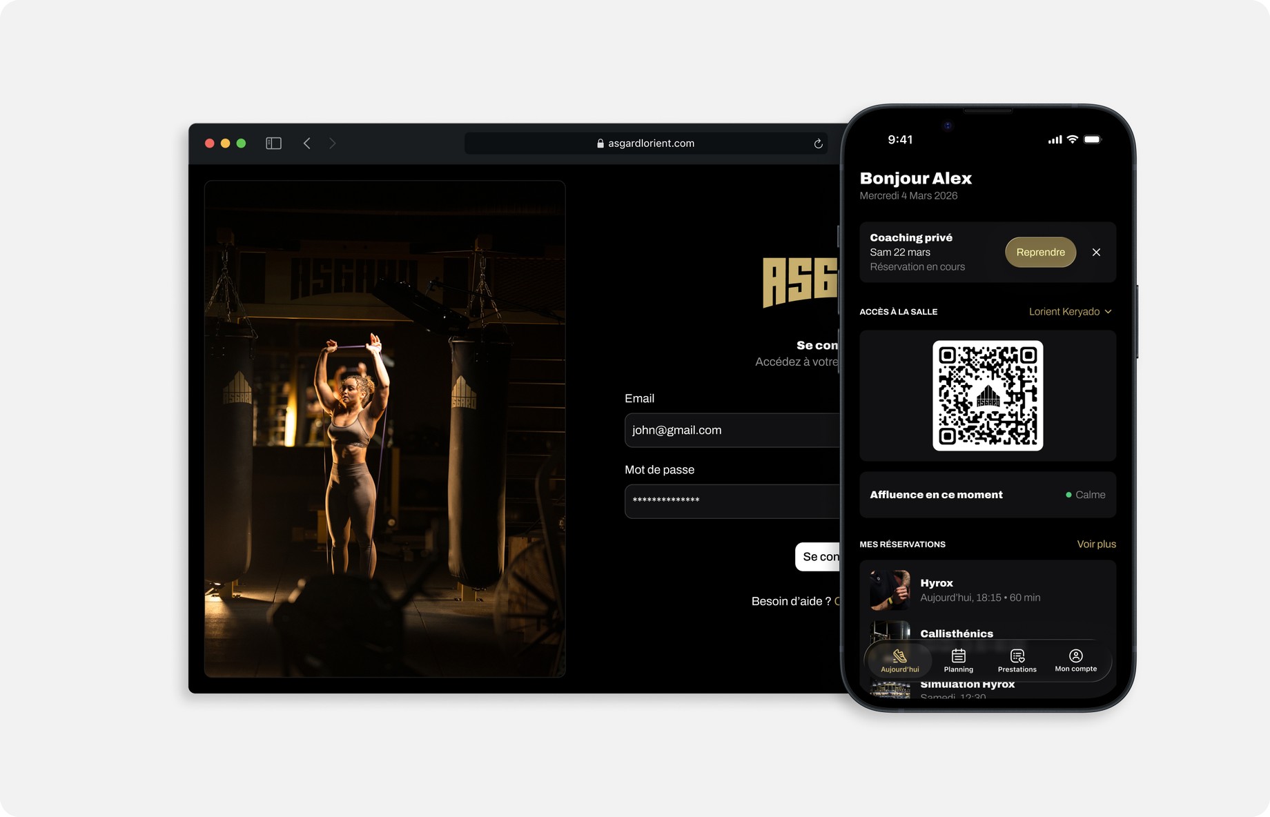 Asgard — the web login and the member app home, with gym access QR code and bookings