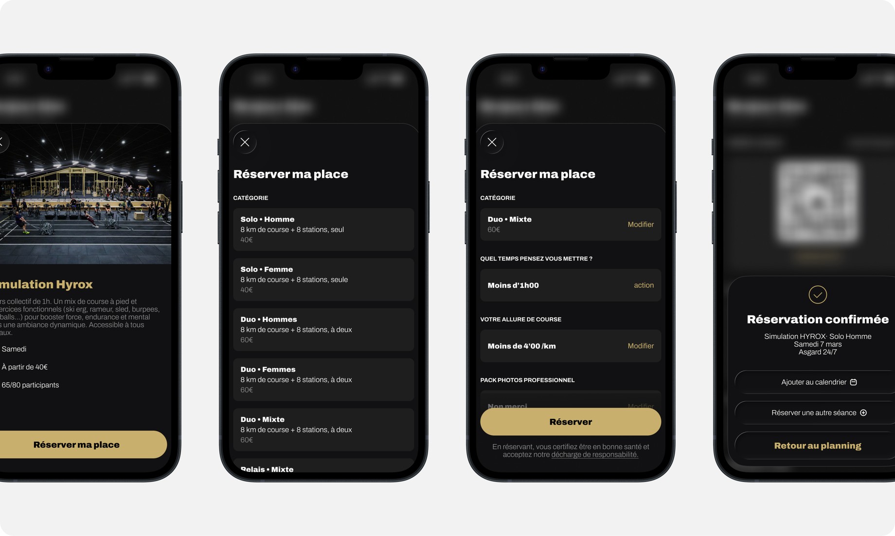 Asgard member app — the Hyrox booking flow, from event details to confirmed reservation