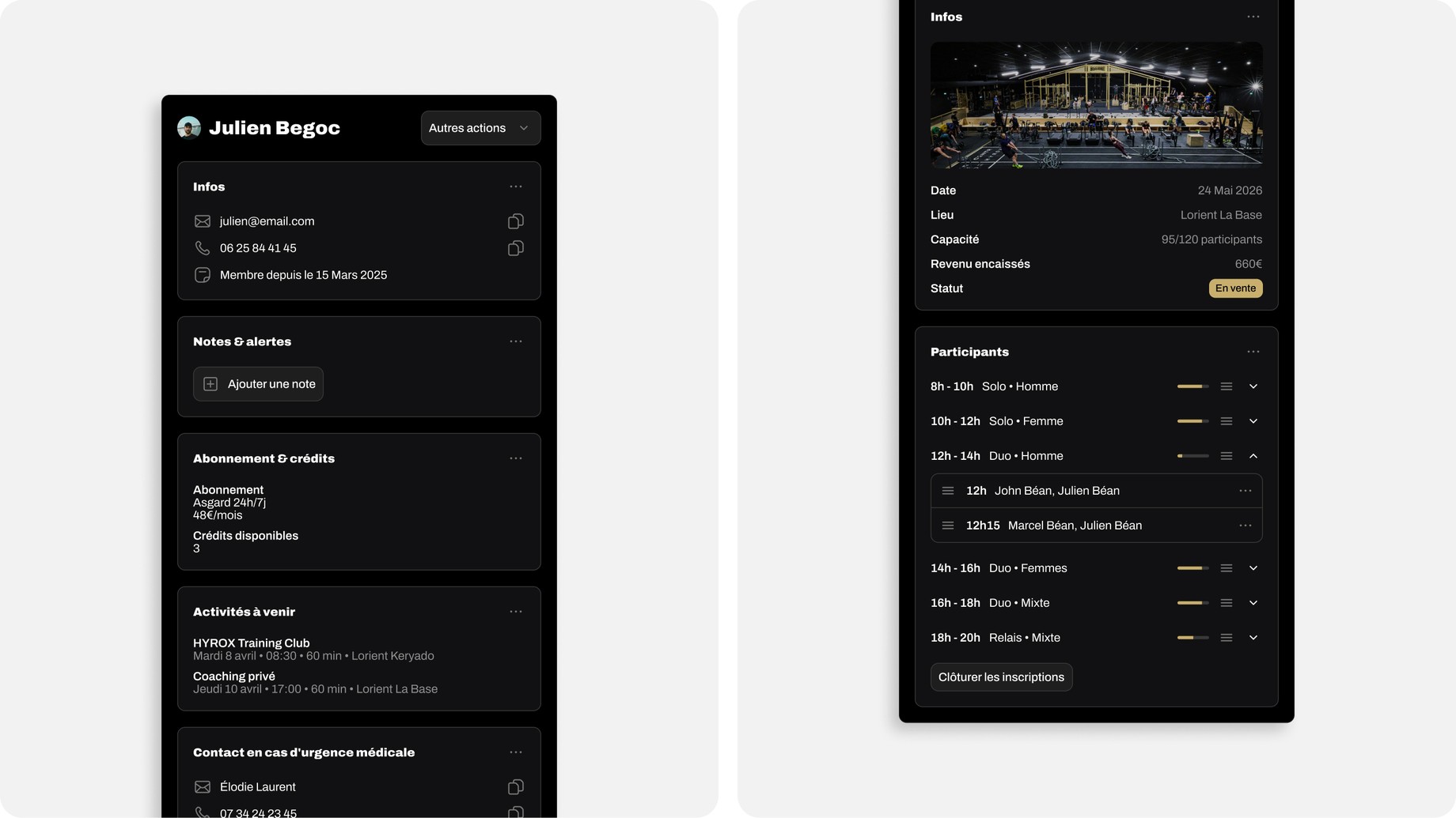 Asgard — a member profile and the admin event-management view, side by side