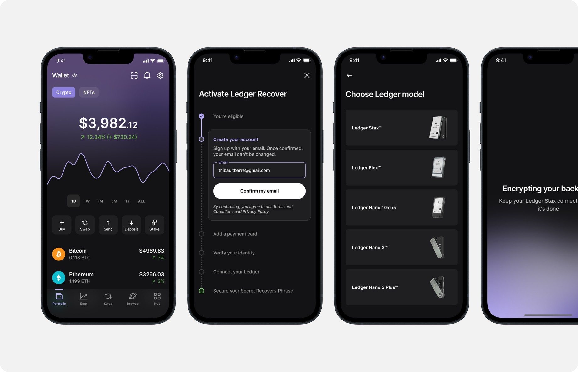 Ledger Live — wallet portfolio, Ledger Recover activation, choosing a Ledger model and encrypting the backup