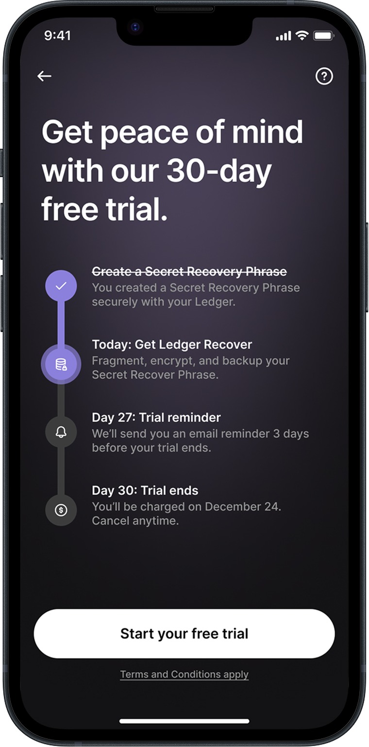 Ledger Recover upsell A — 30-day free-trial timeline