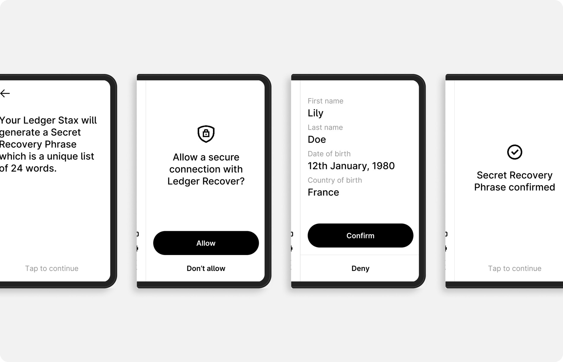 Ledger Recover device screens — Secret Recovery Phrase generation, secure connection, identity details and confirmation