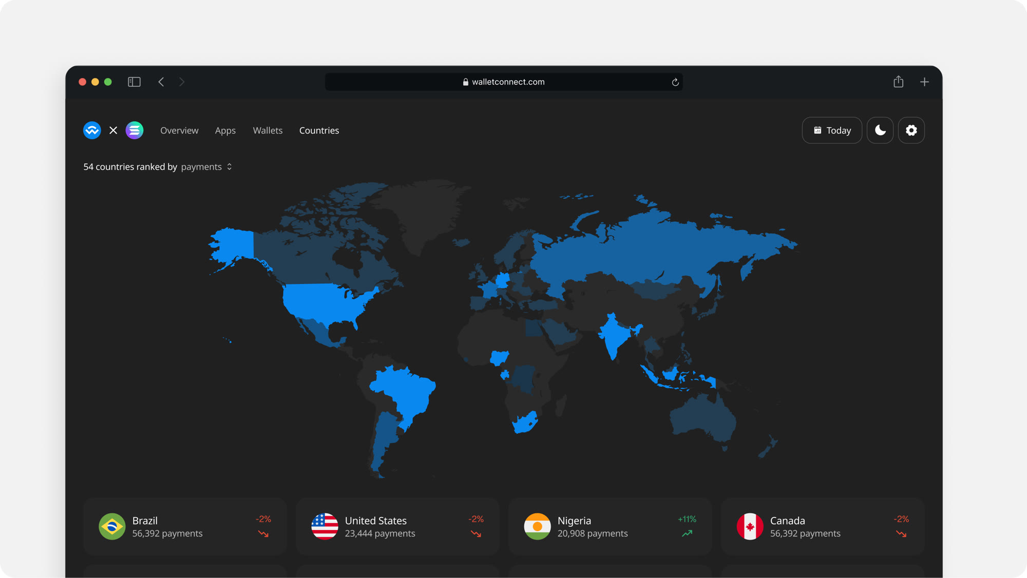 WalletConnect Pay analytics — payments ranked across 54 countries on a world map