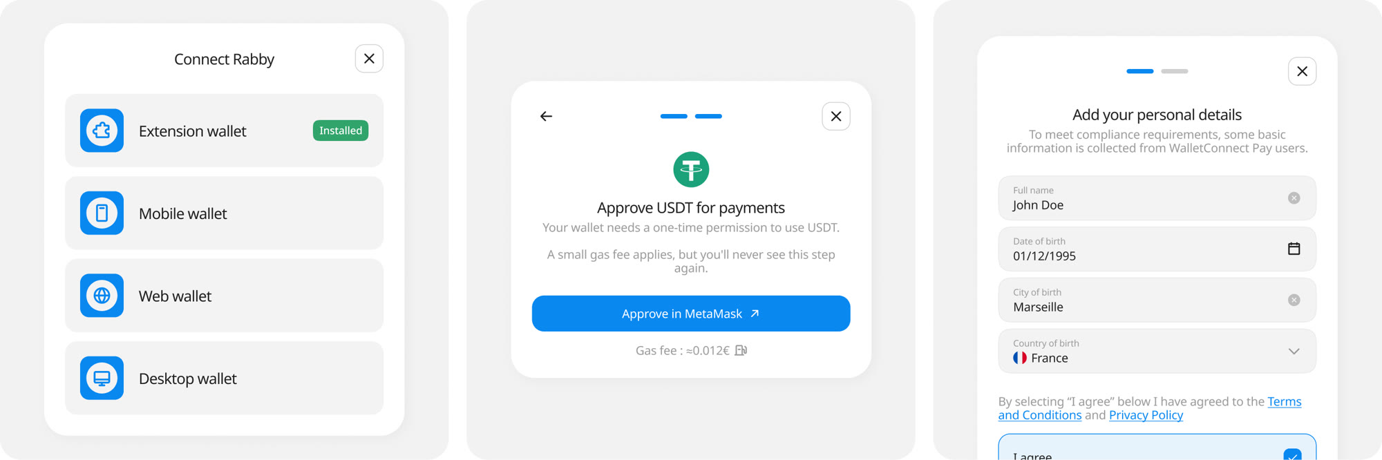 WalletConnect Pay — connecting a wallet, approving USDT for payments, and the compliance details step