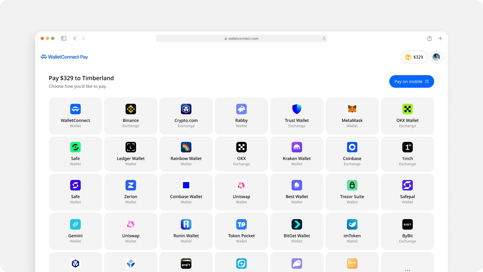 WalletConnect Pay — choosing a wallet to pay, or scanning the QR code to pay on mobile
