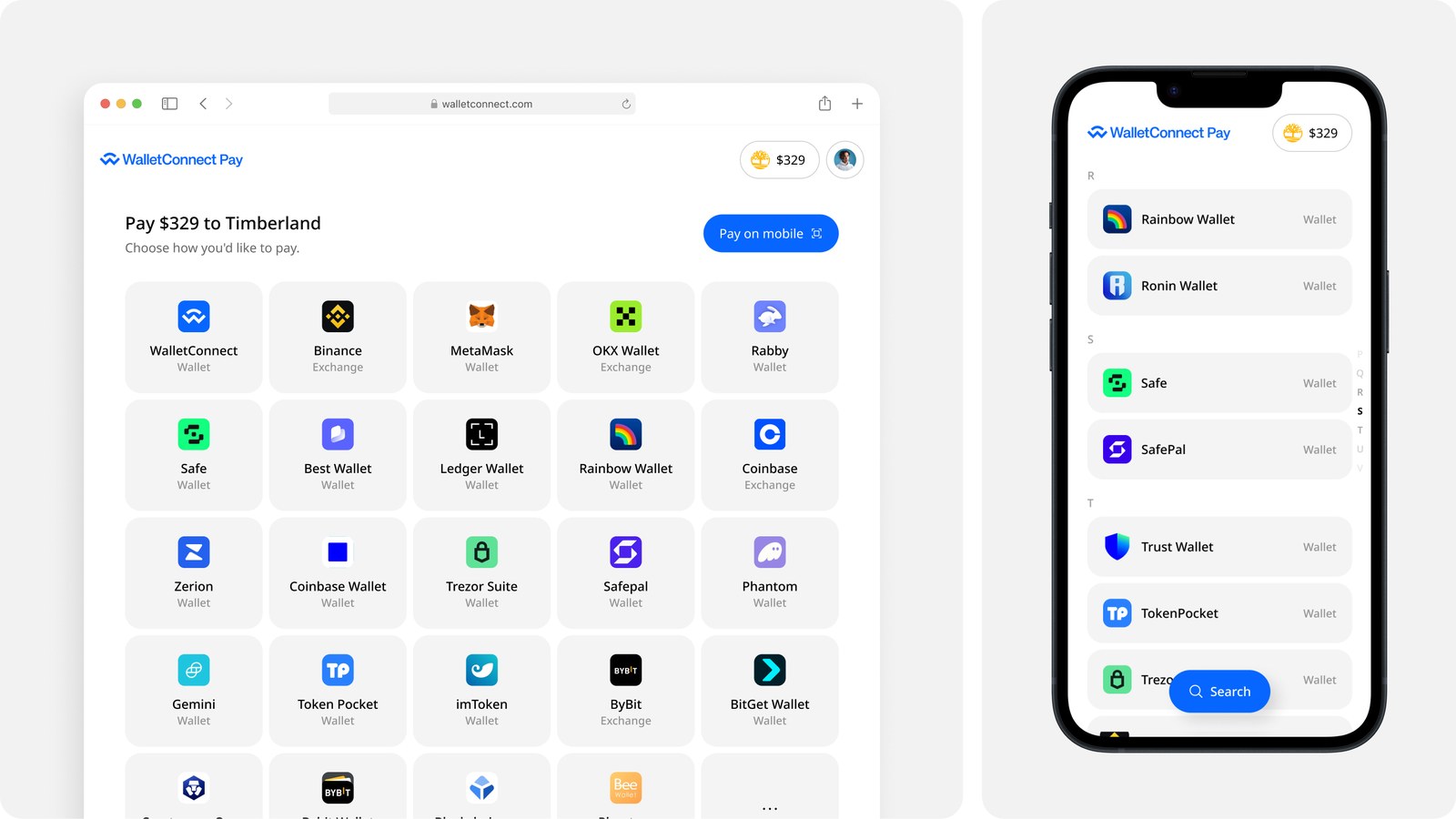 WalletConnect Pay — choosing a wallet to pay on desktop, and searching wallets on mobile