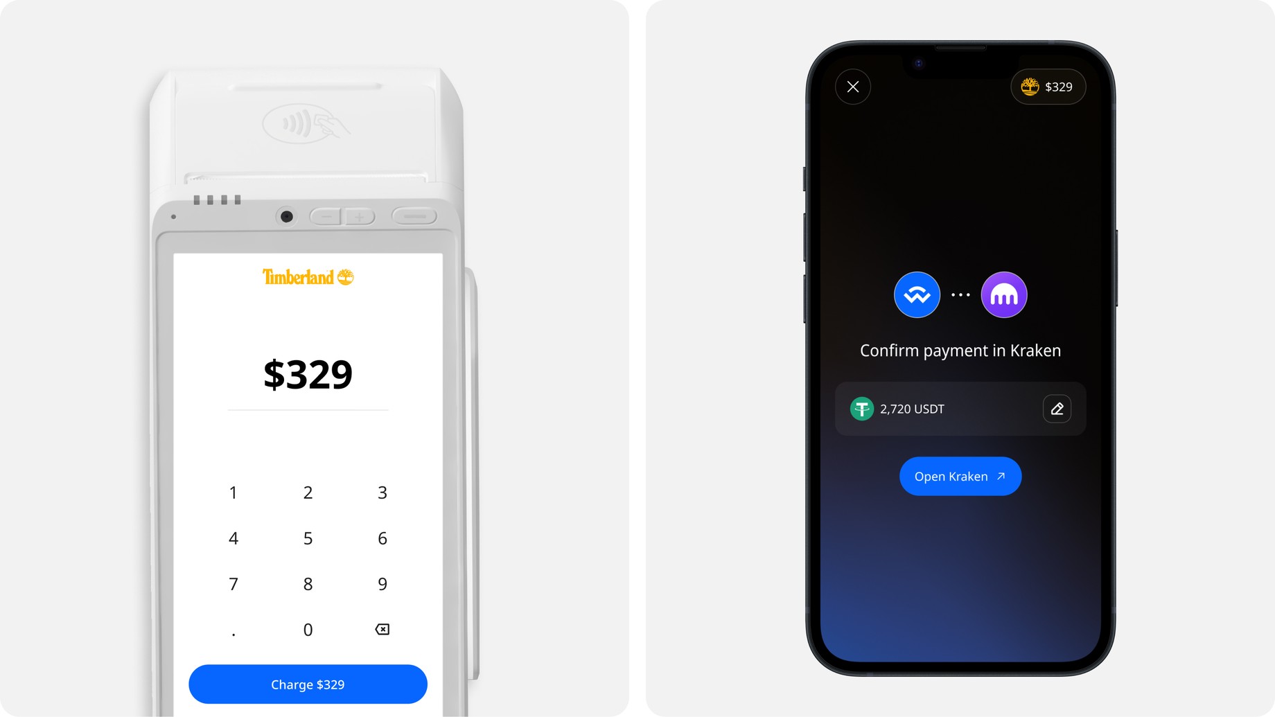 WalletConnect Pay — the merchant terminal charging $329 and the buyer confirming the payment in their wallet